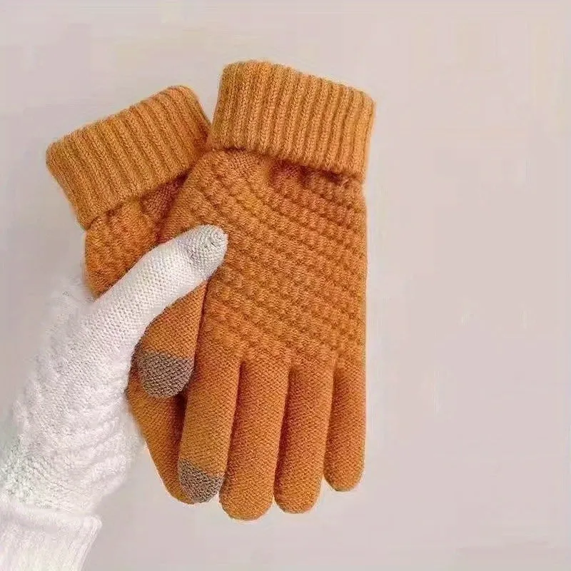 1 Pair Of Knitted Warm Winter Gloves, Solid Color Touch Screen Thickened Sports Gloves, Suitable For Outdoor Leisure Cycling And Hiking