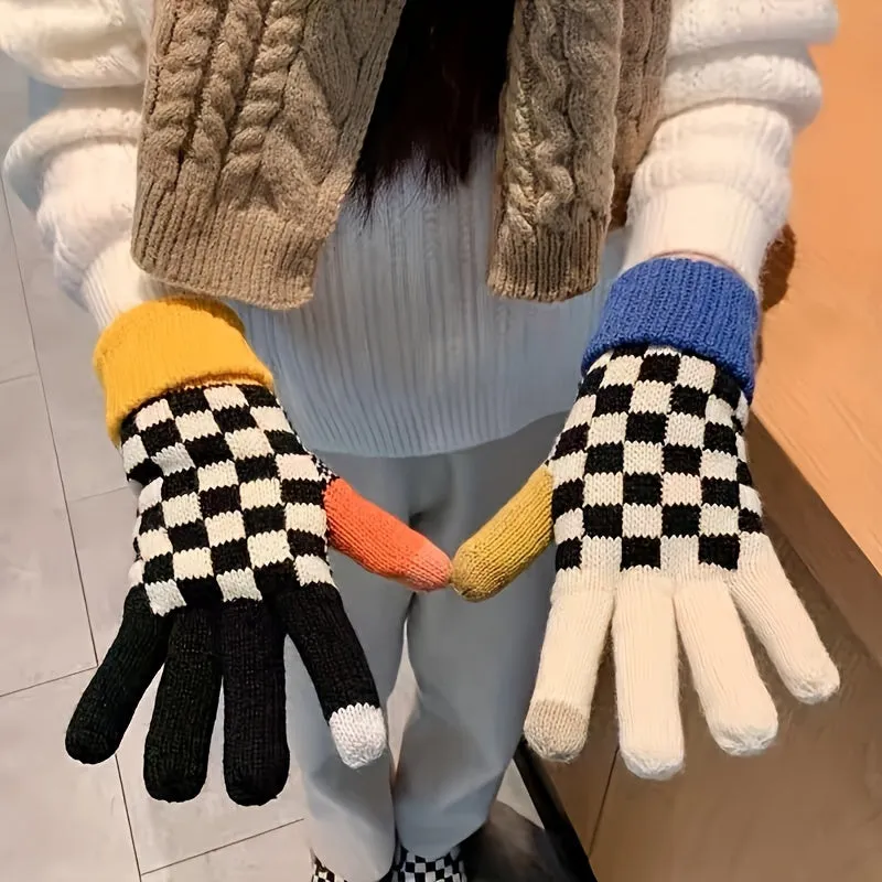 1 Pair Unisex Winter Thick Warm Gloves, Checkerboard Pattern Knit Gloves, Coldproof Fashion Casual Cycling Gloves For Outdoor