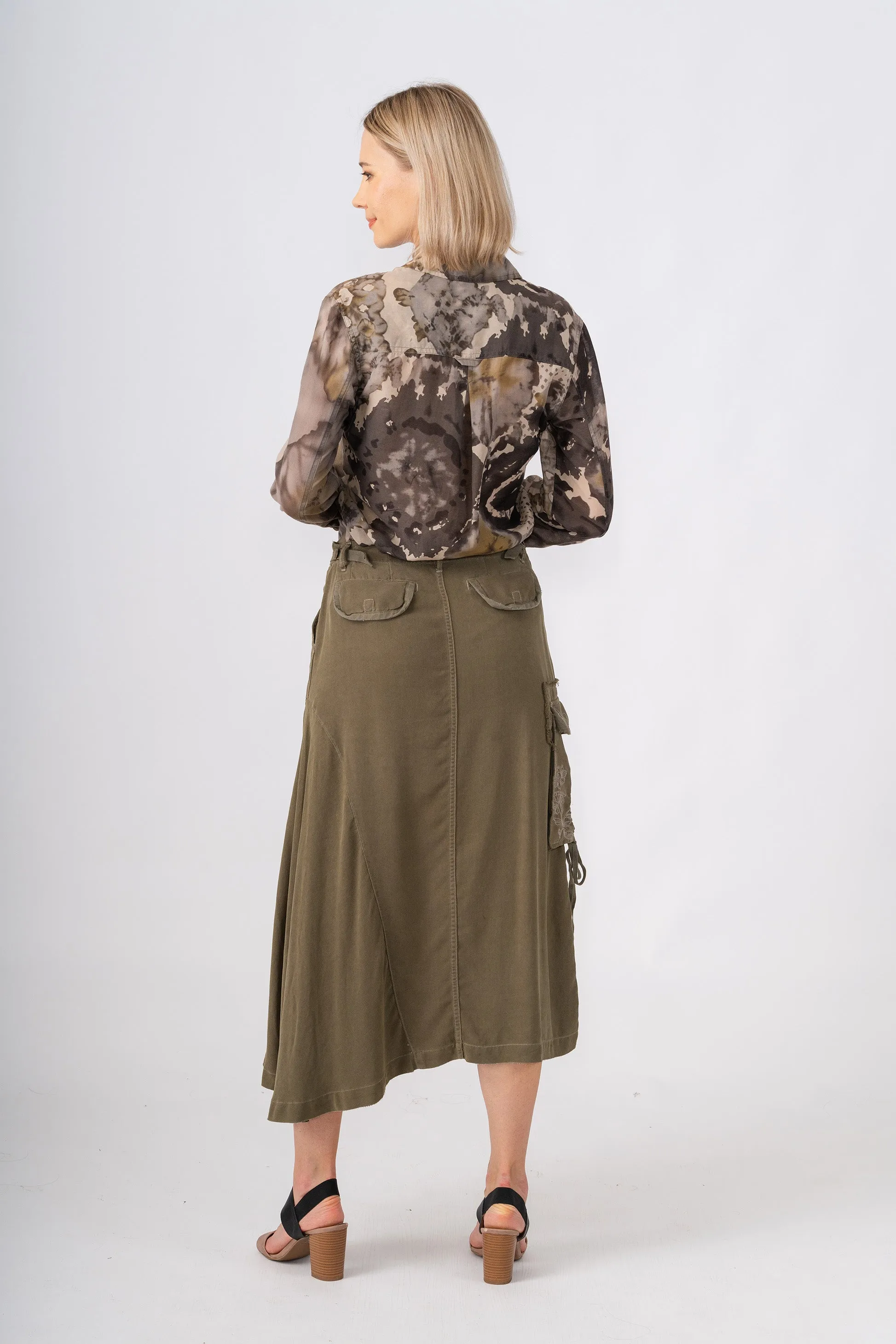 100% Silk asymmetric cargo skirt with embroidery in Olive