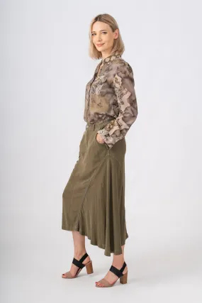 100% Silk asymmetric cargo skirt with embroidery in Olive