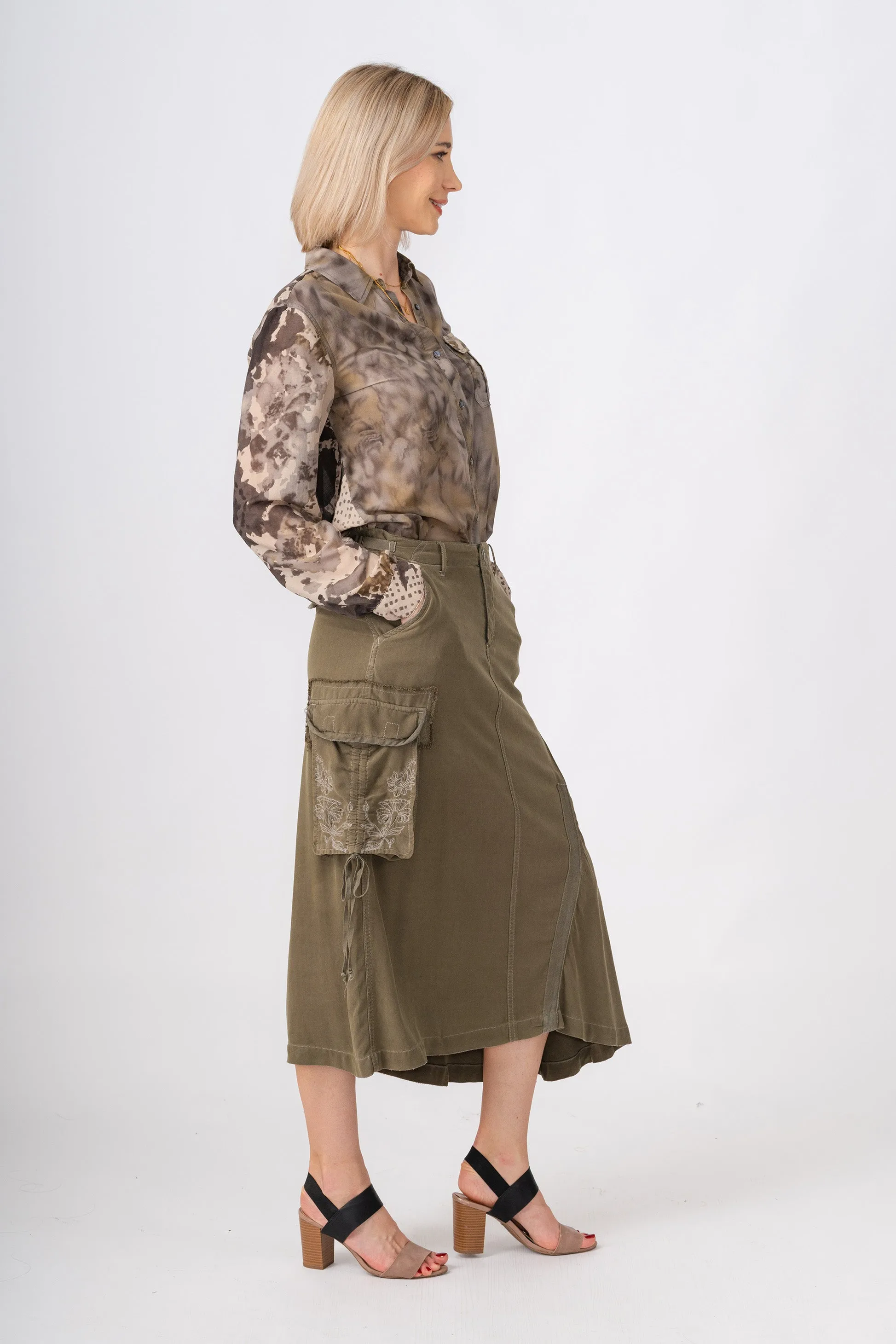 100% Silk asymmetric cargo skirt with embroidery in Olive