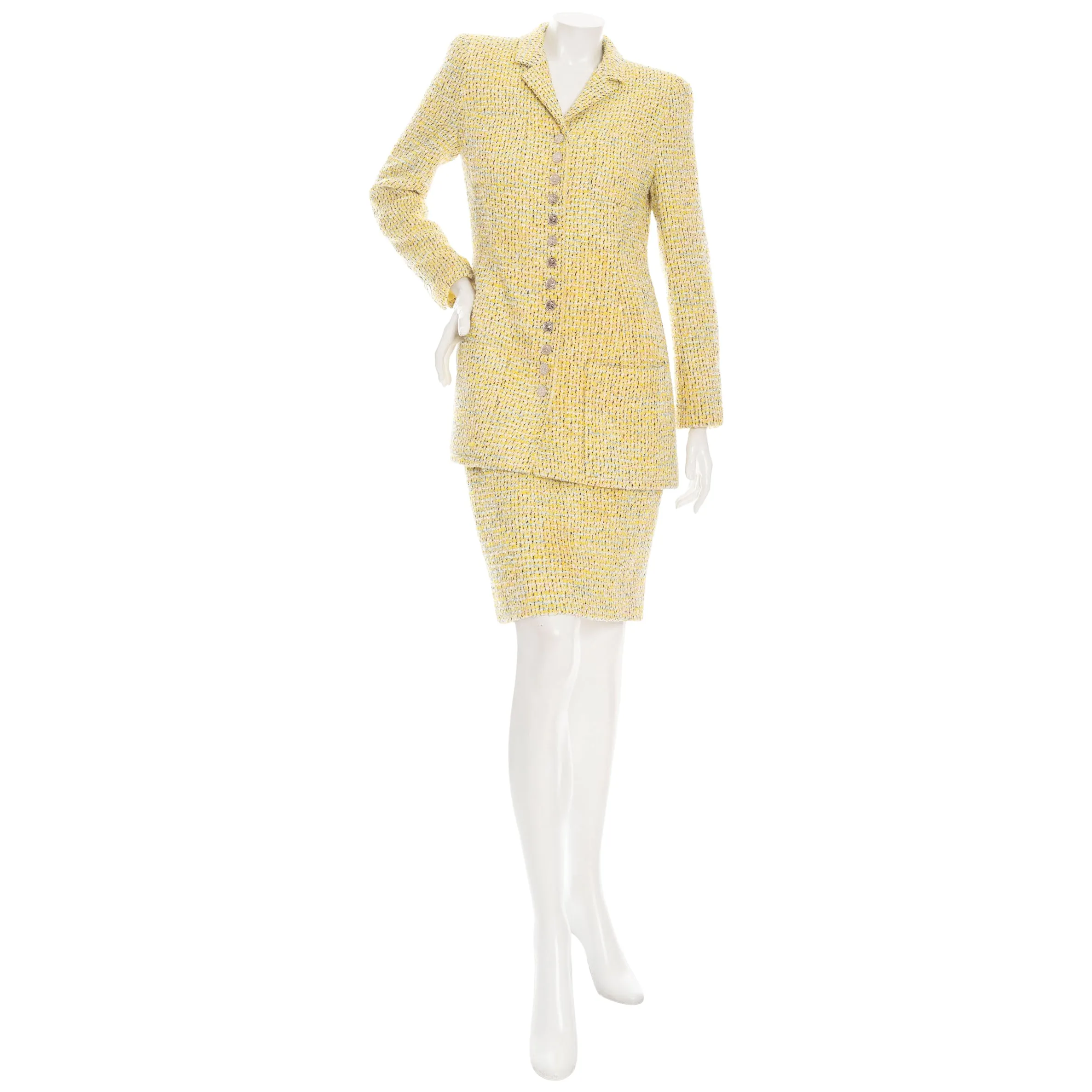 1996 Yellow Tweed Two-Piece Jacket and Skirt Suit