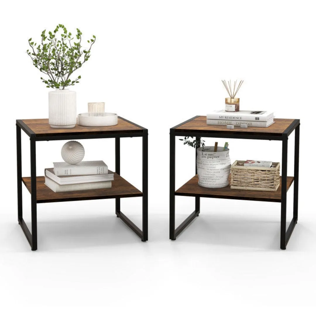 2 Pieces Industrial 2-Tier Side Table Set with Open Shelf