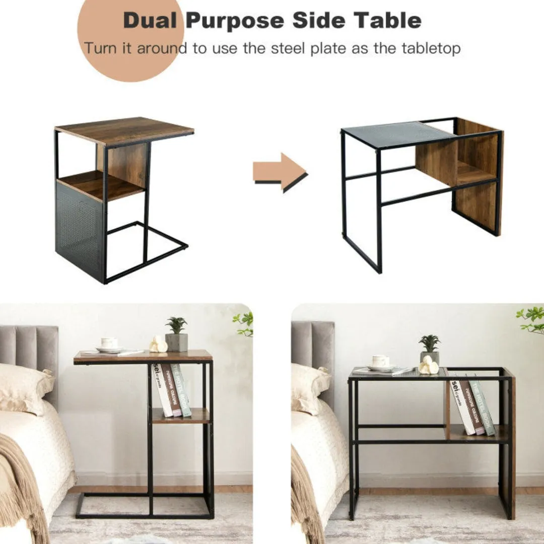 2-Tier C-Shaped Reversible End Table with Wooden Shelf for Living Room