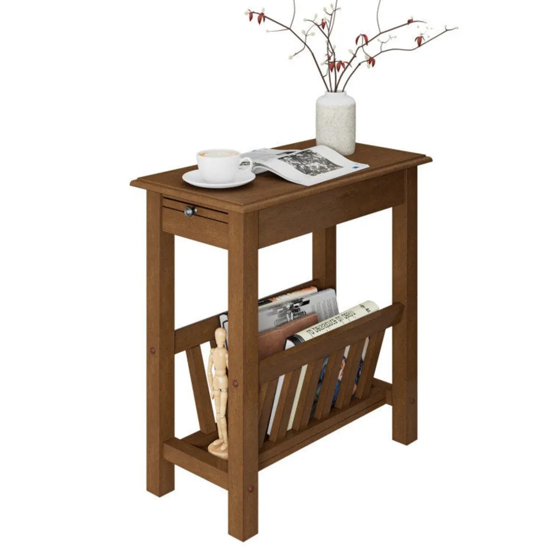 2-Tier Narrow End Table with Pull-out Tray and Solid Rubber Wood Legs