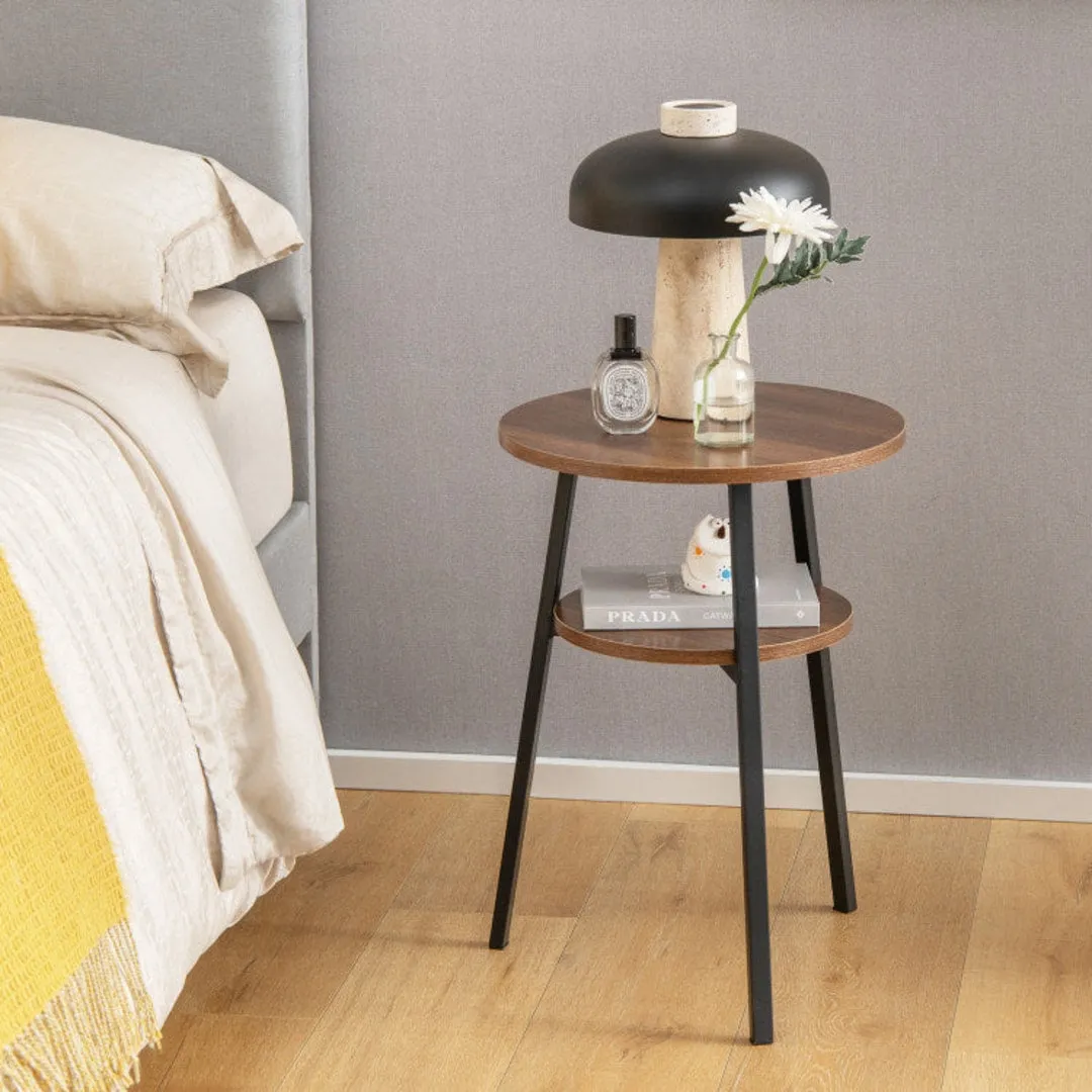 2-Tier Round End Table with Open Shelf and Triangular Metal Frame