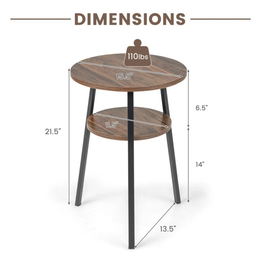 2-Tier Round End Table with Open Shelf and Triangular Metal Frame