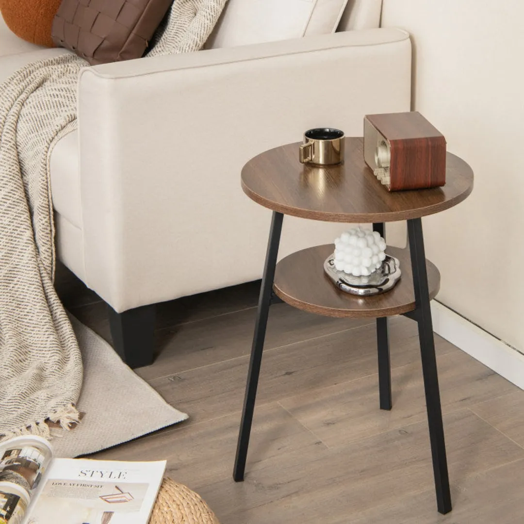 2-Tier Round End Table with Open Shelf and Triangular Metal Frame