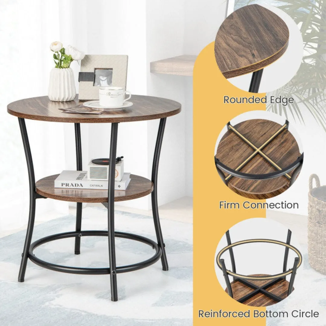 2-Tier Round End Table with Open Storage Shelf and Sturdy Metal Frame