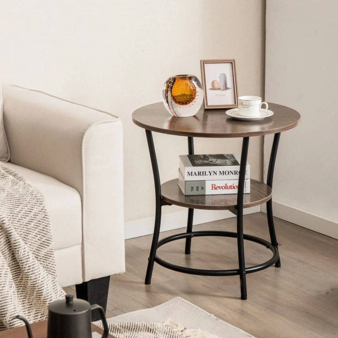 2-Tier Round End Table with Open Storage Shelf and Sturdy Metal Frame