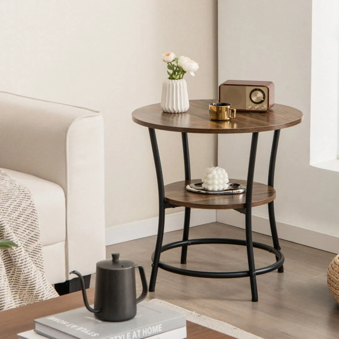 2-Tier Round End Table with Open Storage Shelf and Sturdy Metal Frame