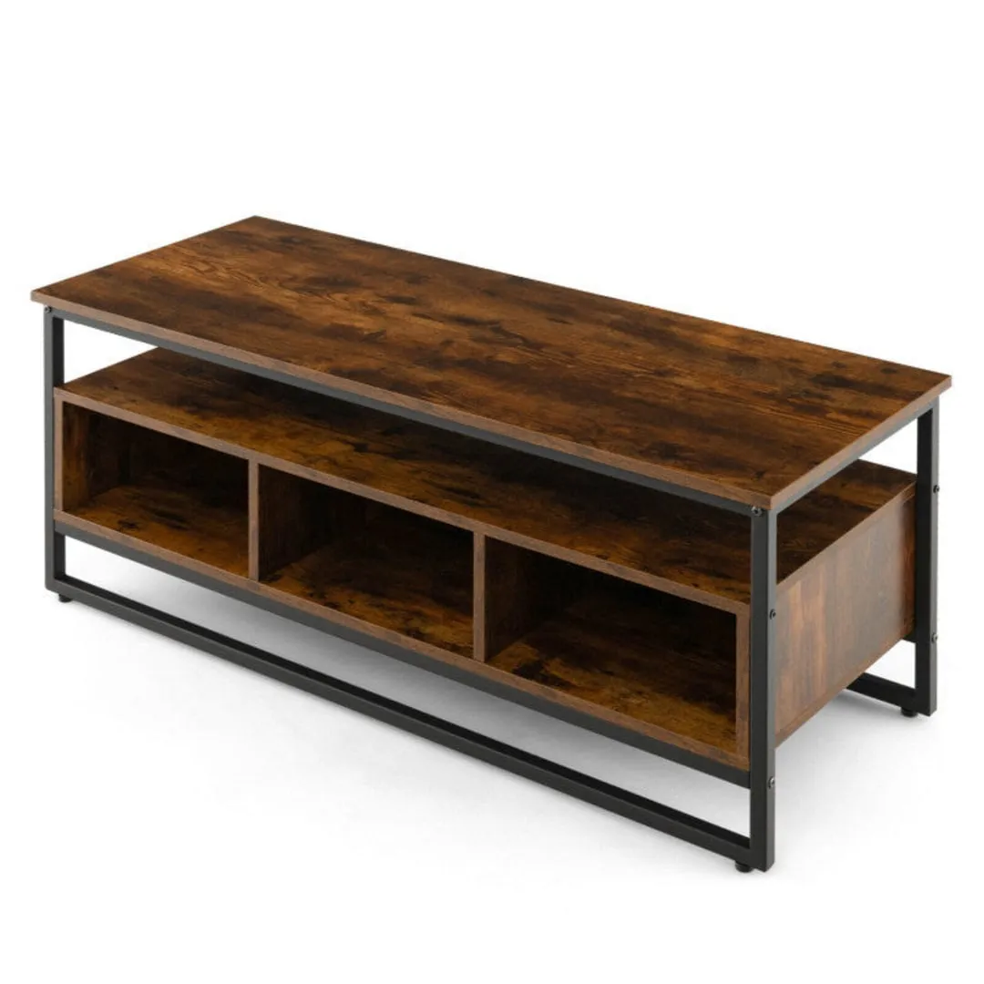 3-Tier Industrial Style Coffee Table with Open Shelf and 3 Storage Cubbies