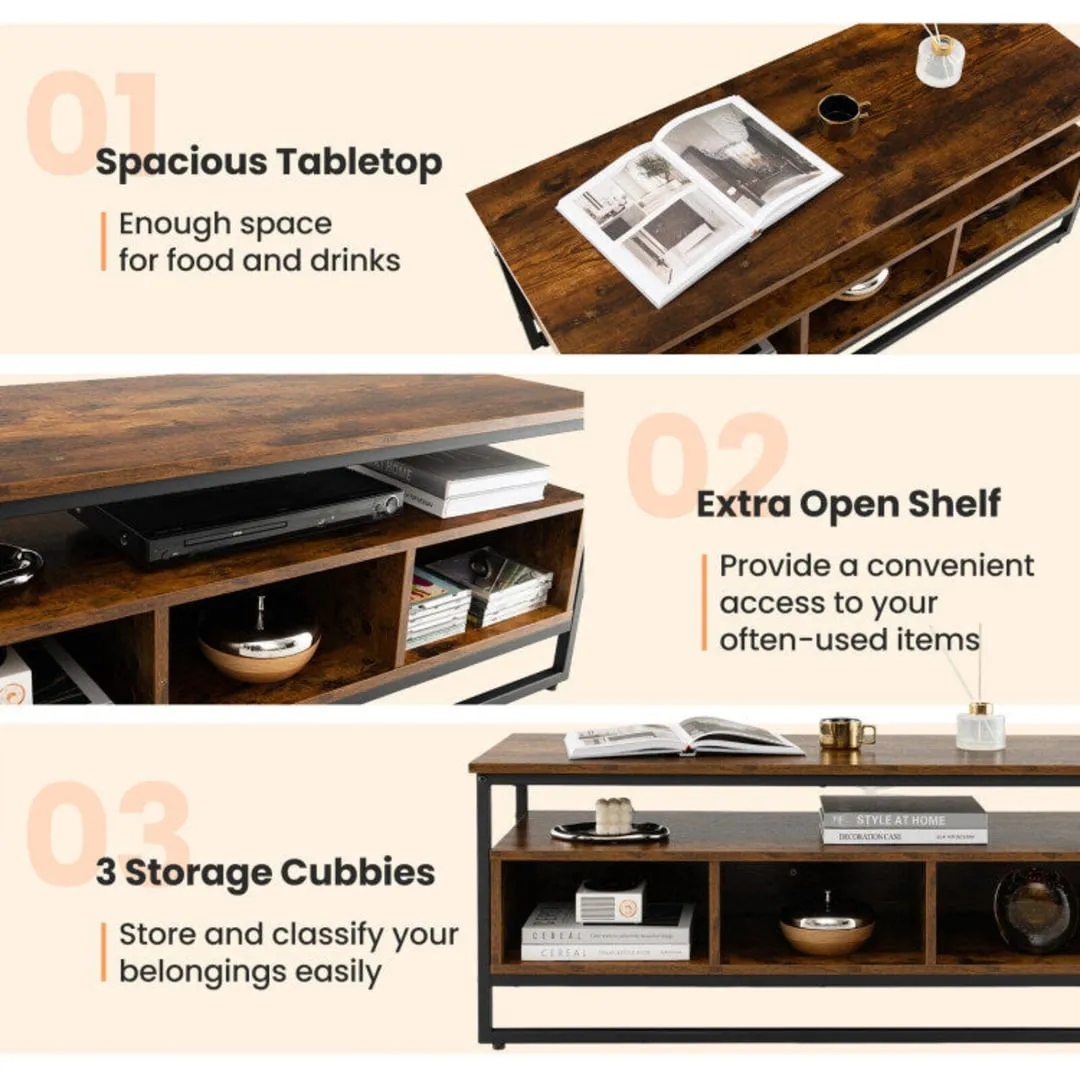 3-Tier Industrial Style Coffee Table with Open Shelf and 3 Storage Cubbies