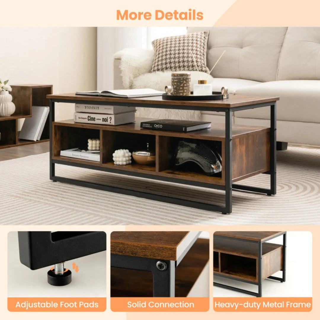 3-Tier Industrial Style Coffee Table with Open Shelf and 3 Storage Cubbies