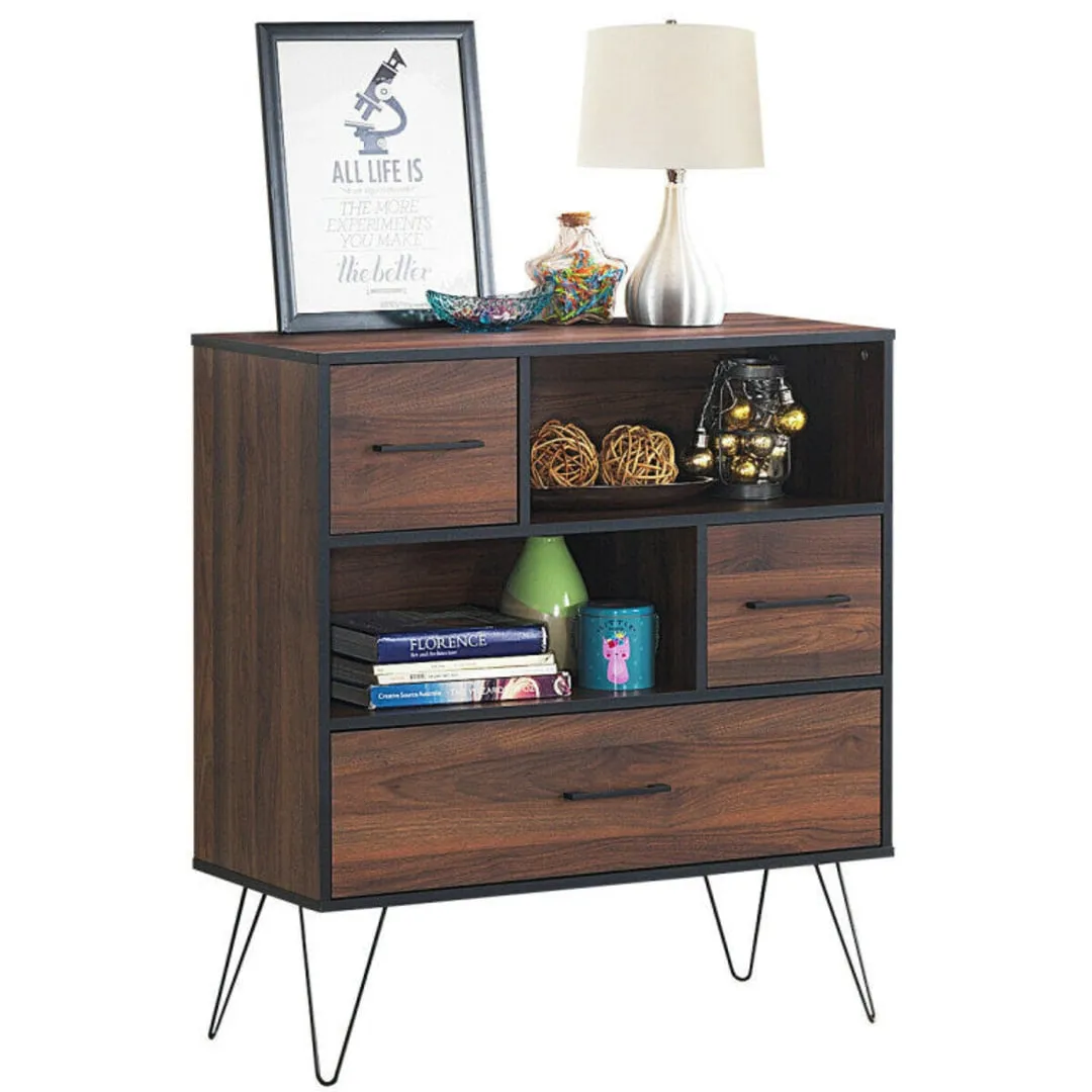 3-Tier Wood Storage Cabinet with Drawers and 4 Metal Legs