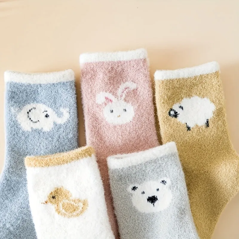 5 Pairs Of Baby Girl's Cute Animals Cartoon Pattern Knitted Socks, Thermal Comfy Breathable Soft Quarter Socks For Babies Winter & Autumn Wearing