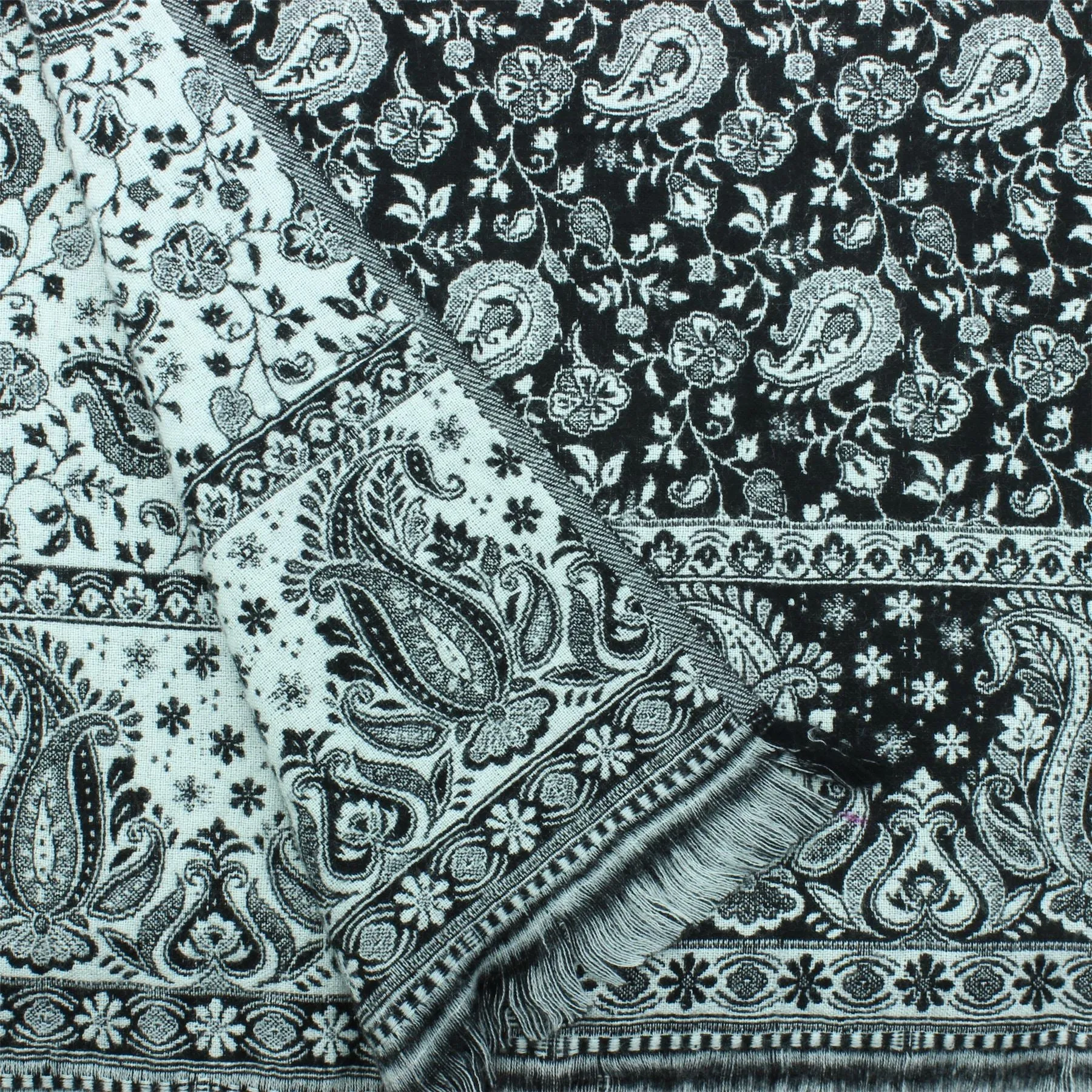 Acrylic Wool Shawl Blanket - Black Paisley - Floral