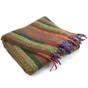 Acrylic Wool Shawl Blanket - Stripe - Green & Orange