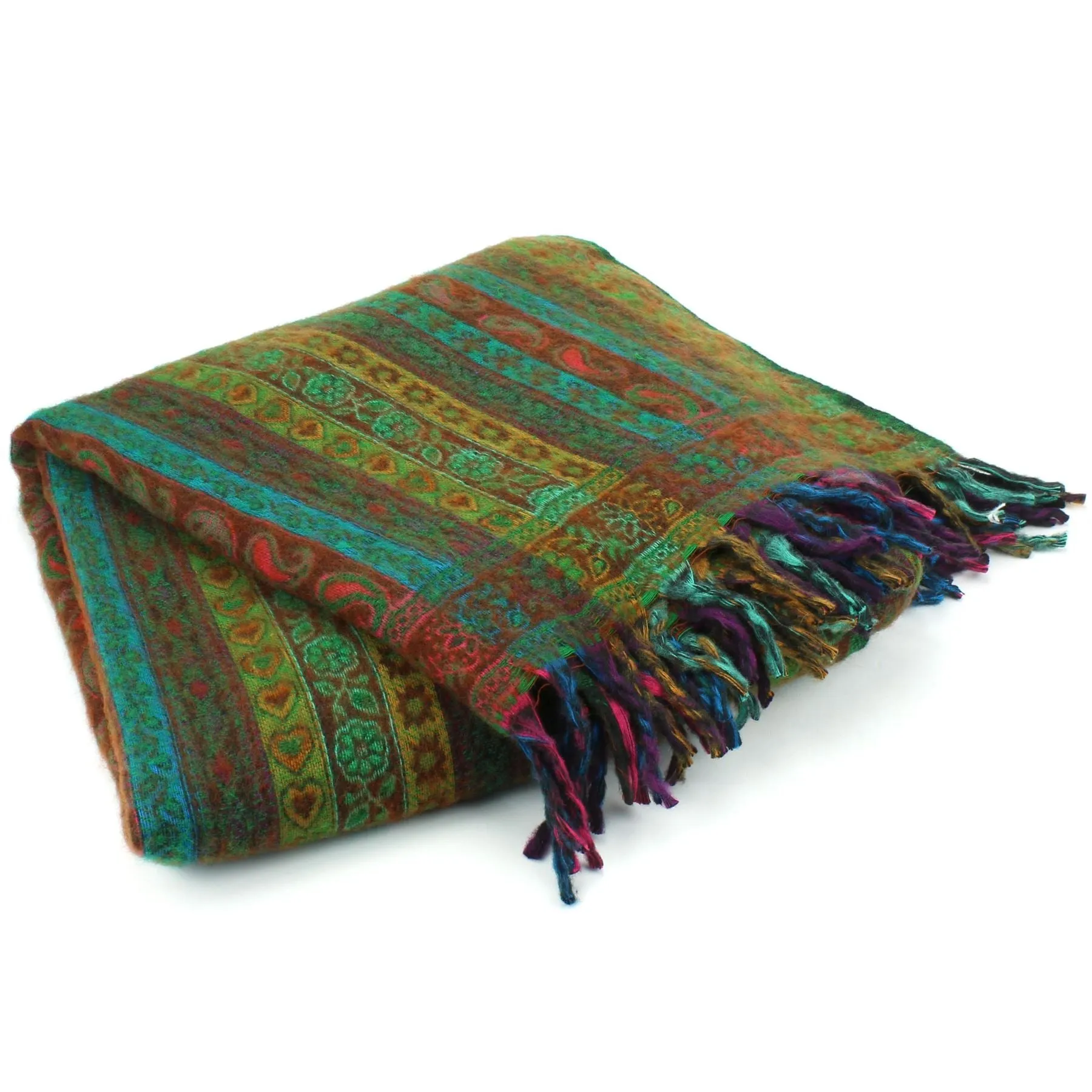 Acrylic Wool Shawl Blanket - Stripe - Green & Red