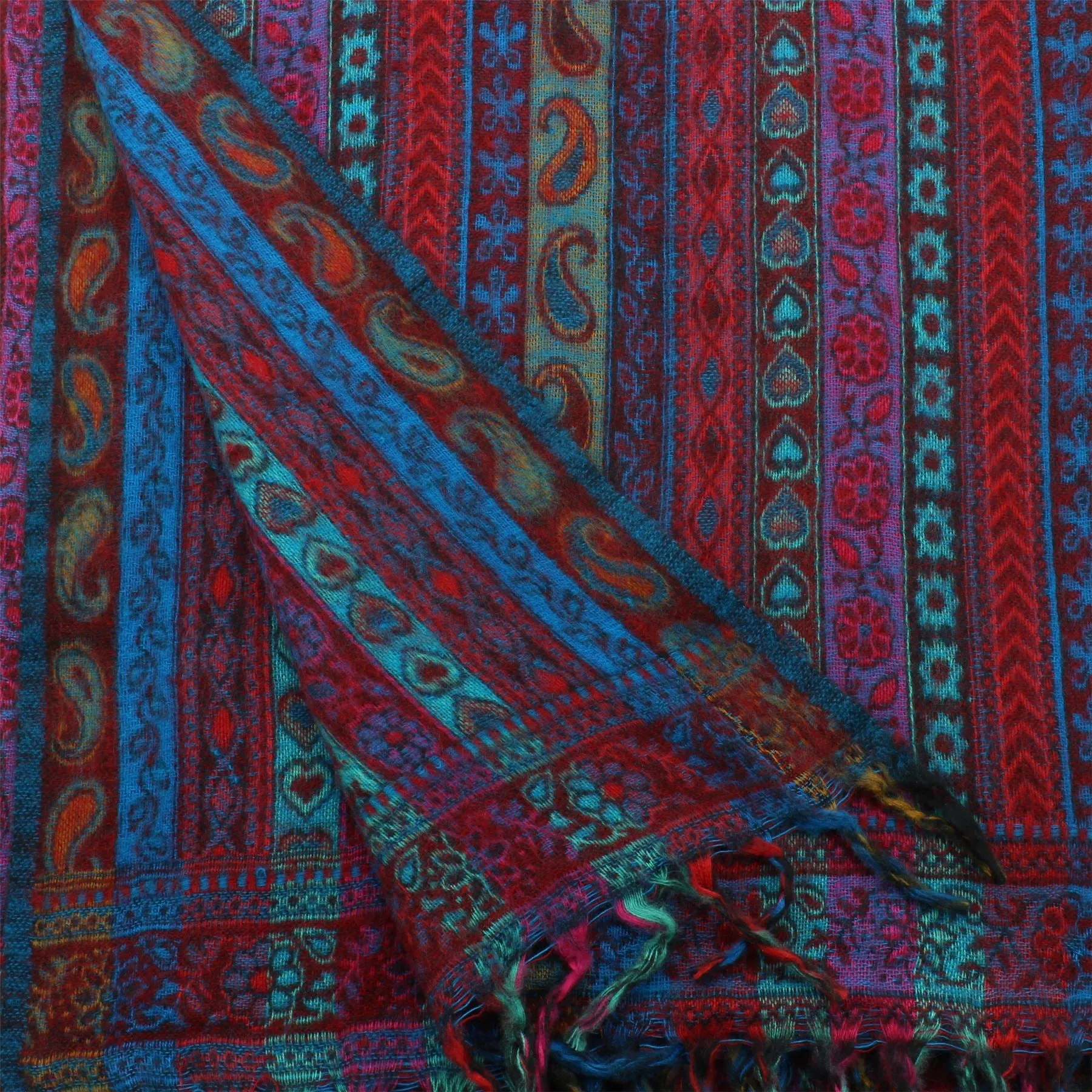 Acrylic Wool Shawl Blanket - Stripe - Red & Turquoise