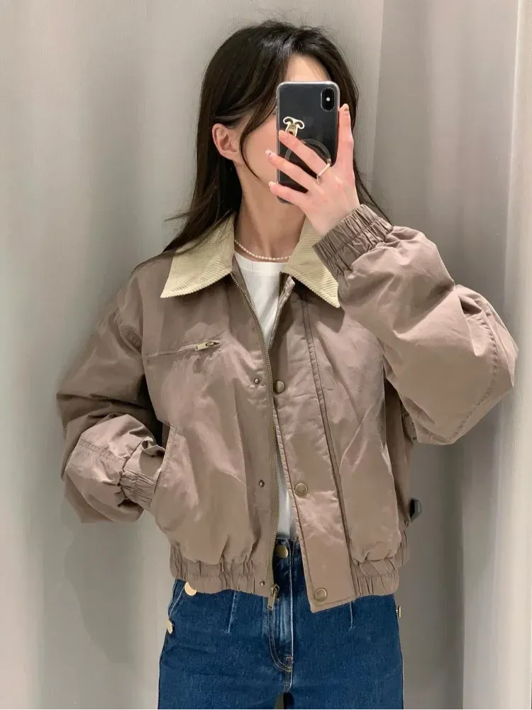 Advbridge Casual Lapel Single Breasted Pockets Women's Bomber Jacket Vintage Long Sleeves Elastic Hem Loose Coat 2024 Lady Chic Outerwear