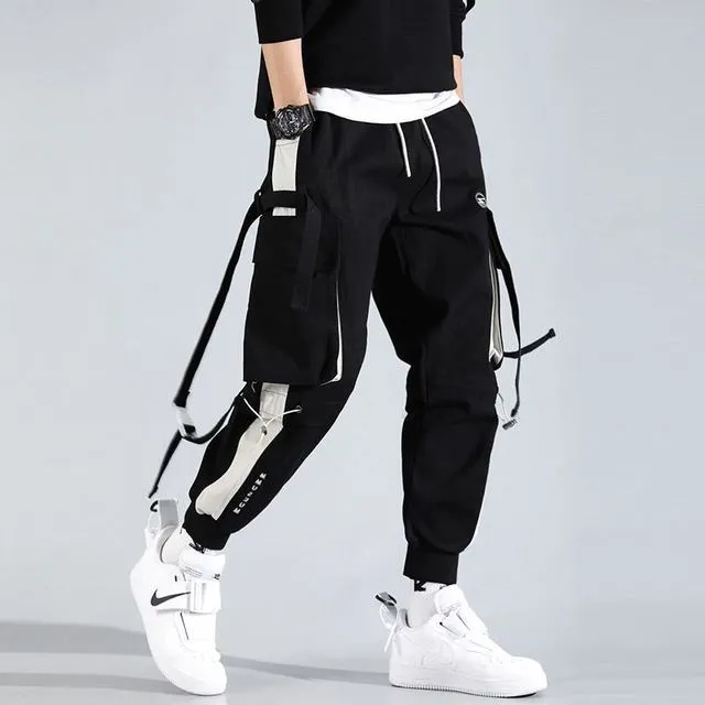 Aidase Hip Hop Joggers Mens Black Harem Pants Multi Pocket Ribbons Mens Sports Pants Streetwear Cargo Pants Men Japanese Streetwear