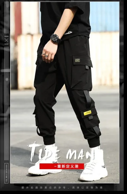 Aidase Hip Hop Joggers Mens Black Harem Pants Multi Pocket Ribbons Mens Sports Pants Streetwear Cargo Pants Men Japanese Streetwear