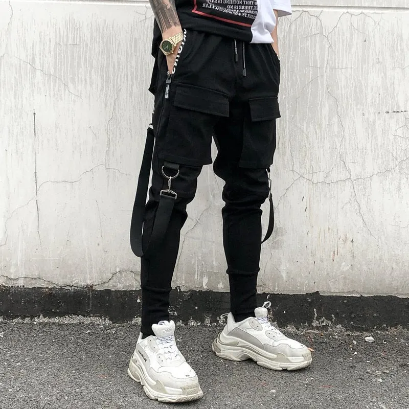 Aidase Hip Hop Joggers Mens Black Harem Pants Multi Pocket Ribbons Mens Sports Pants Streetwear Cargo Pants Men Japanese Streetwear