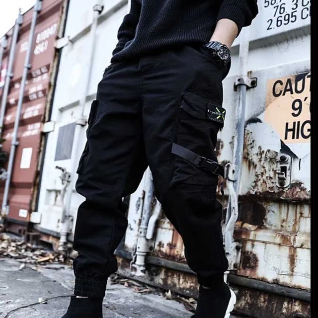 Aidase Hip Hop Joggers Mens Black Harem Pants Multi Pocket Ribbons Mens Sports Pants Streetwear Cargo Pants Men Japanese Streetwear