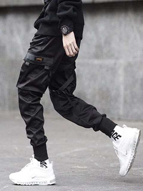 Aidase Hip Hop Joggers Mens Black Harem Pants Multi Pocket Ribbons Mens Sports Pants Streetwear Cargo Pants Men Japanese Streetwear