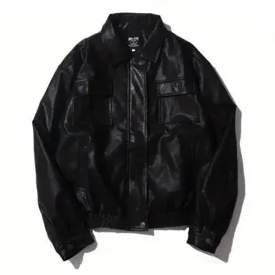 Aidase Japanese Mens Leather Jacket 2024 New Harajuku Retro Motorcycle Loose Couple Coat Big Pocket Lapel Bomber Outwear Y2k Trend