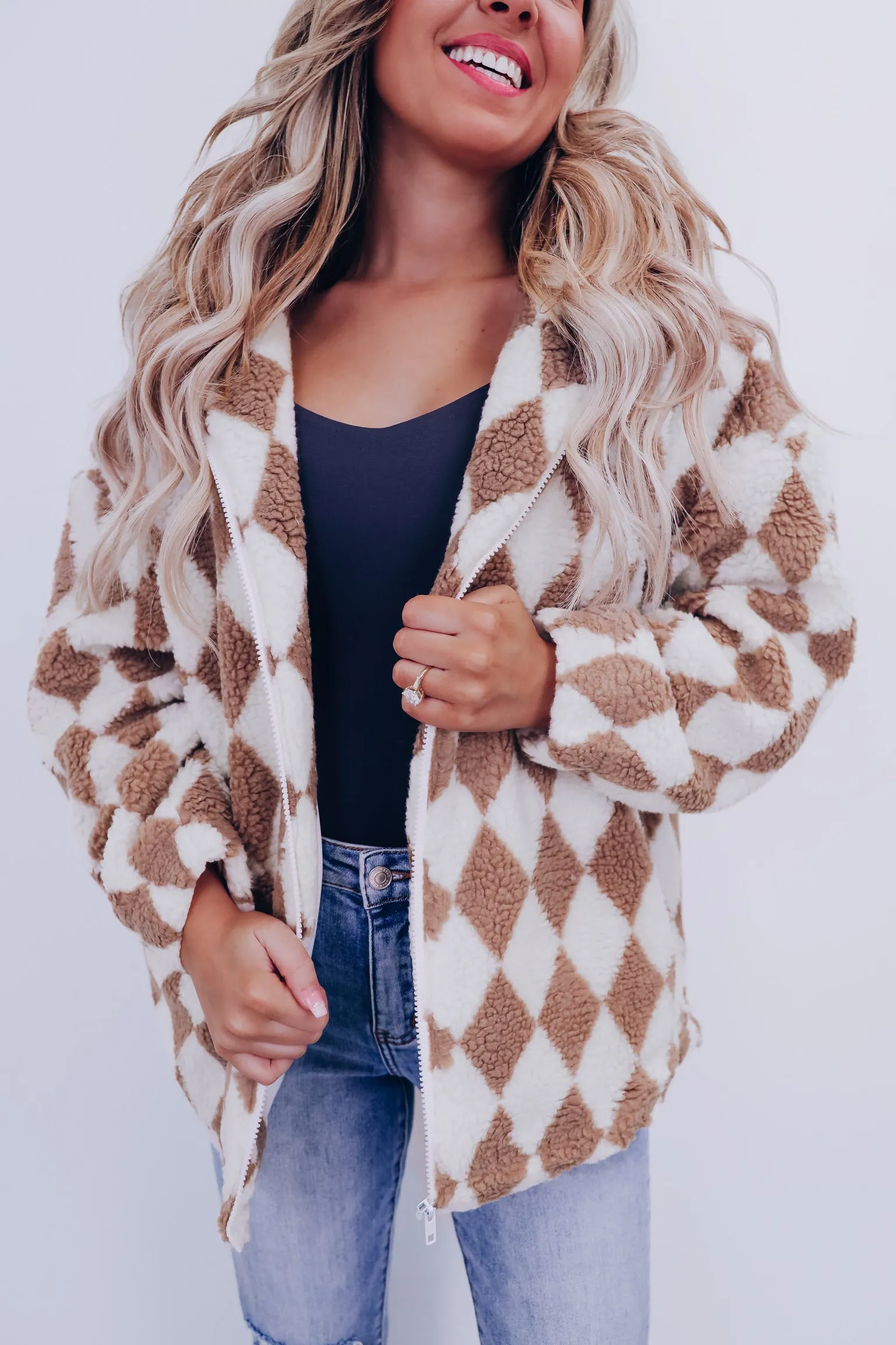 Amari Argyle Print Sherpa Jacket - Mocha