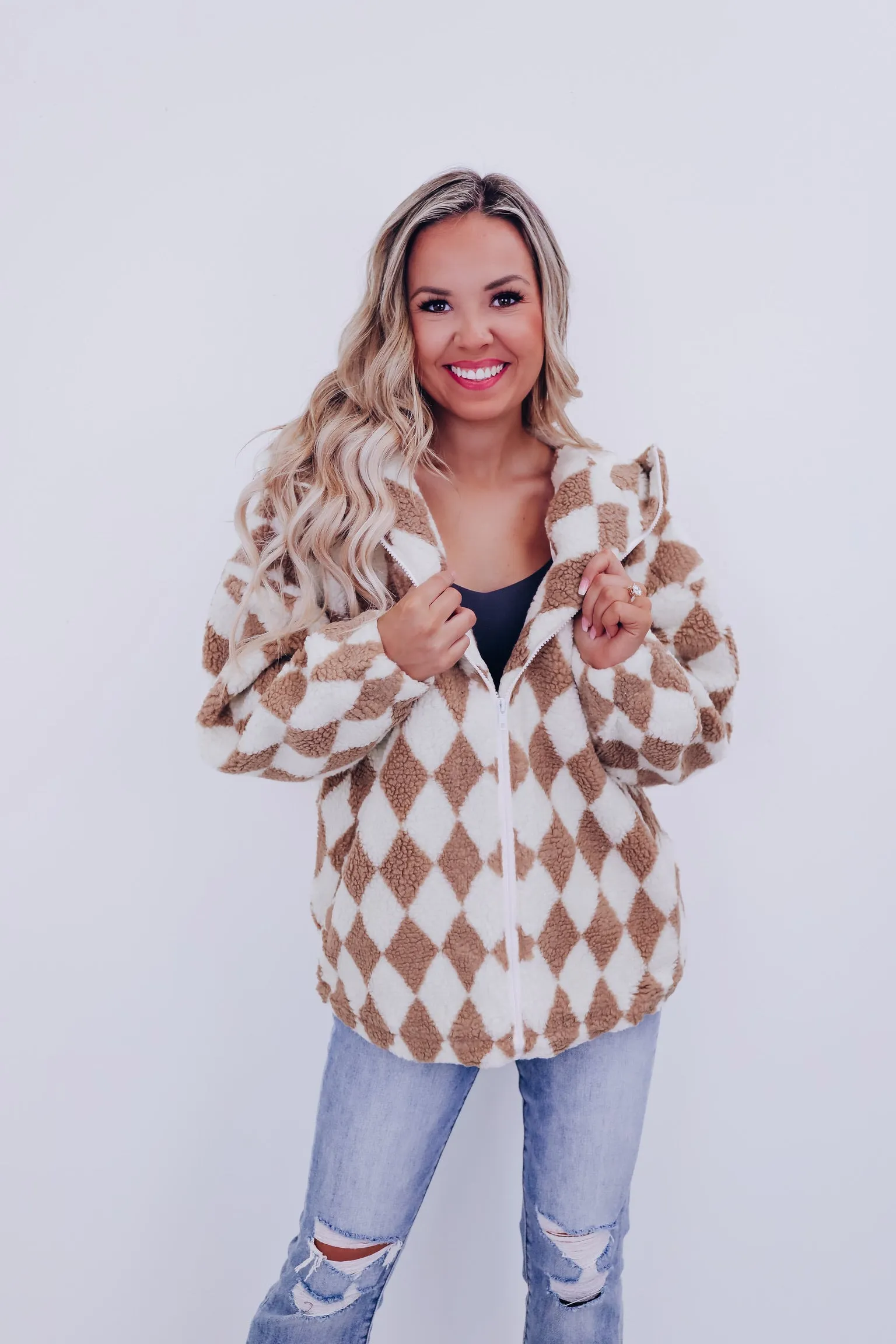 Amari Argyle Print Sherpa Jacket - Mocha