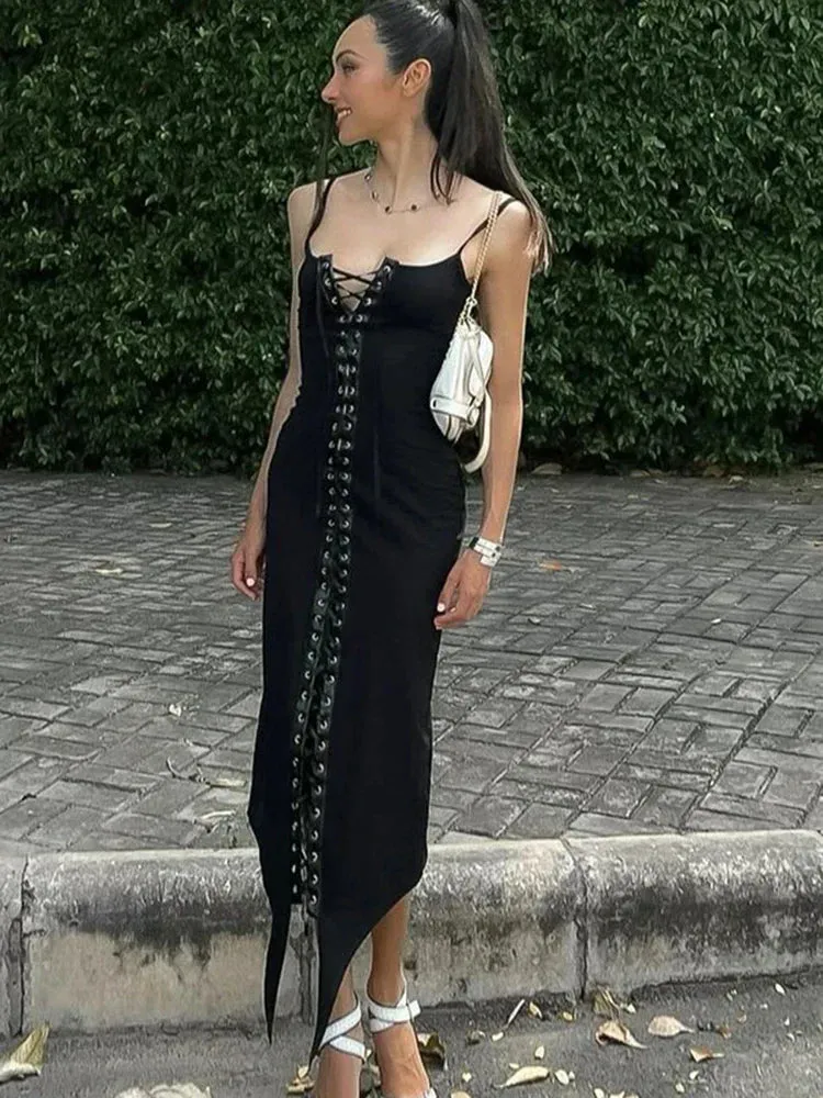 Amozae-Elegant Sexy Stitching Lace Up Eyelet Suspender Maxi Dress Women's Slim Black Club Party Dress Sleeveless Female Outfit