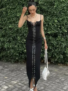 Amozae-Elegant Sexy Stitching Lace Up Eyelet Suspender Maxi Dress Women's Slim Black Club Party Dress Sleeveless Female Outfit