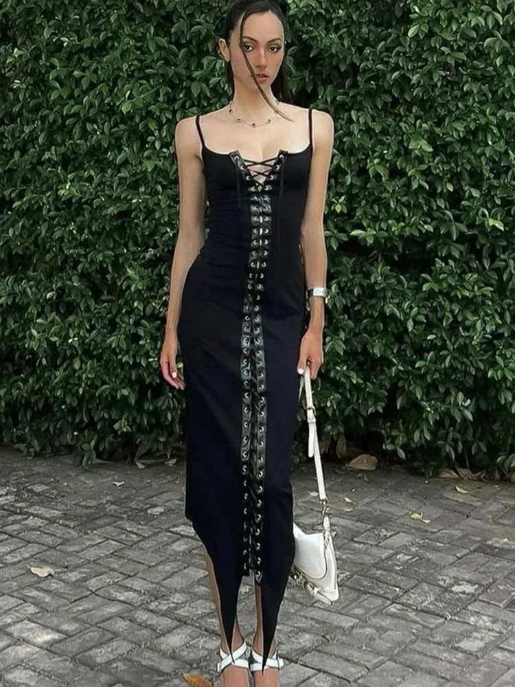 Amozae-Elegant Sexy Stitching Lace Up Eyelet Suspender Maxi Dress Women's Slim Black Club Party Dress Sleeveless Female Outfit