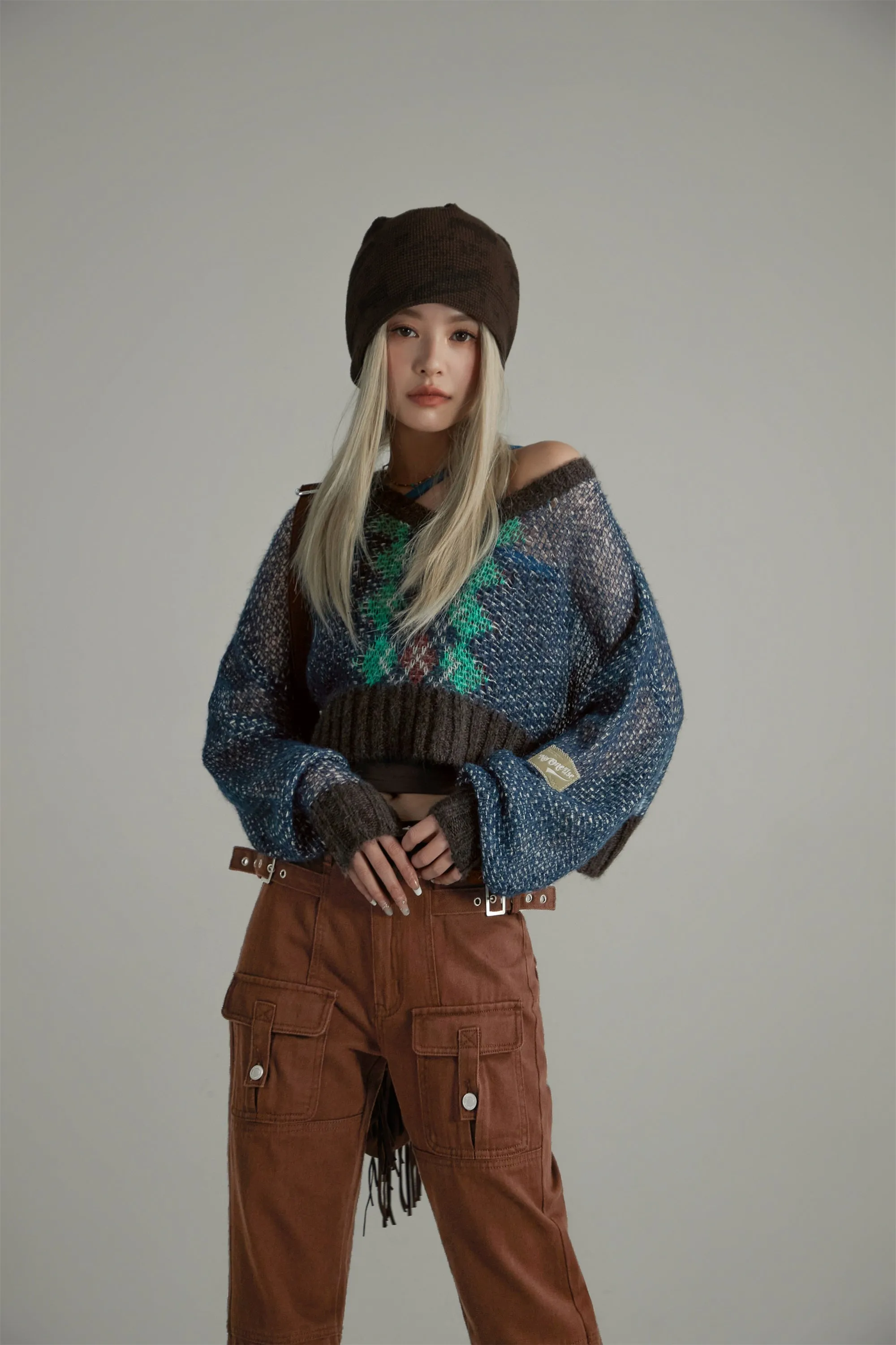 Argyle Cropped Crochet Knit Sweater