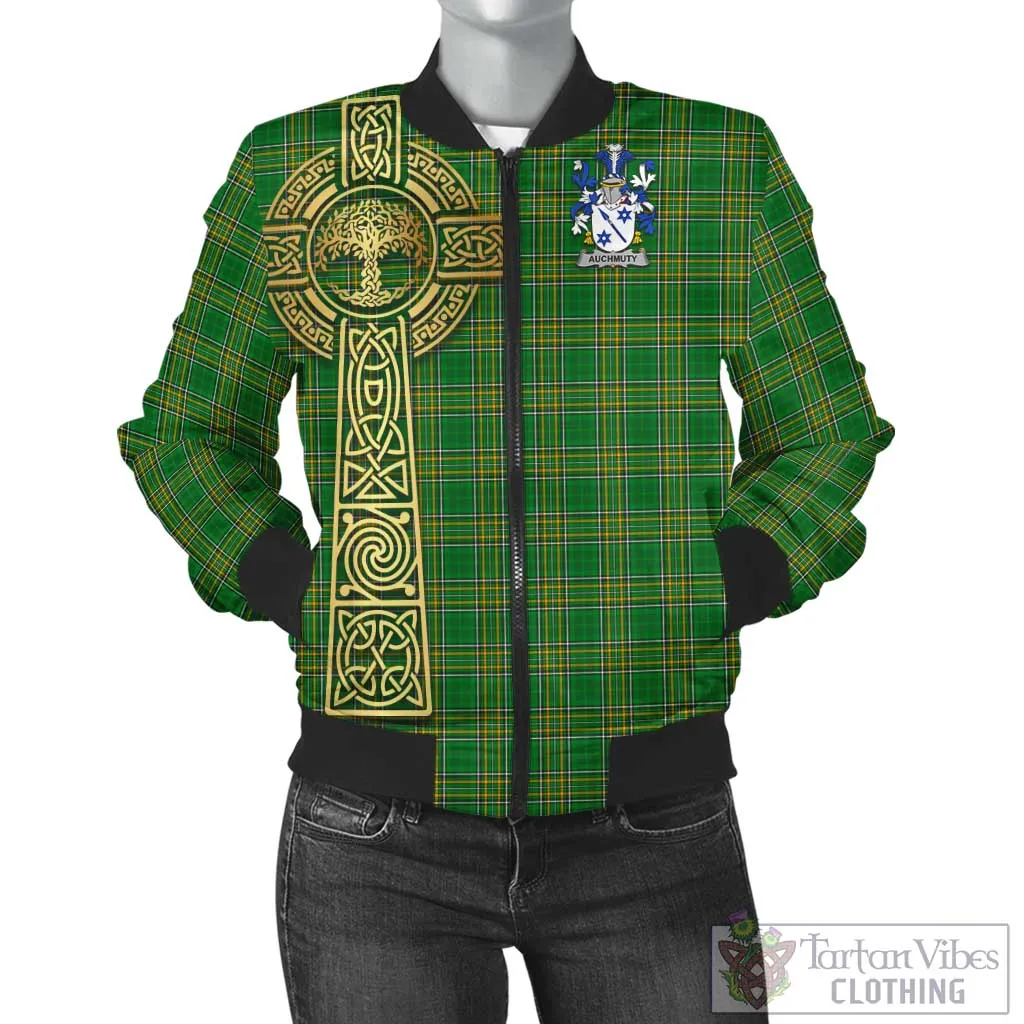 Auchmuty Irish Clan Tartan Bomber Jacket with Coat of Arms Celtic Tree of Life Style