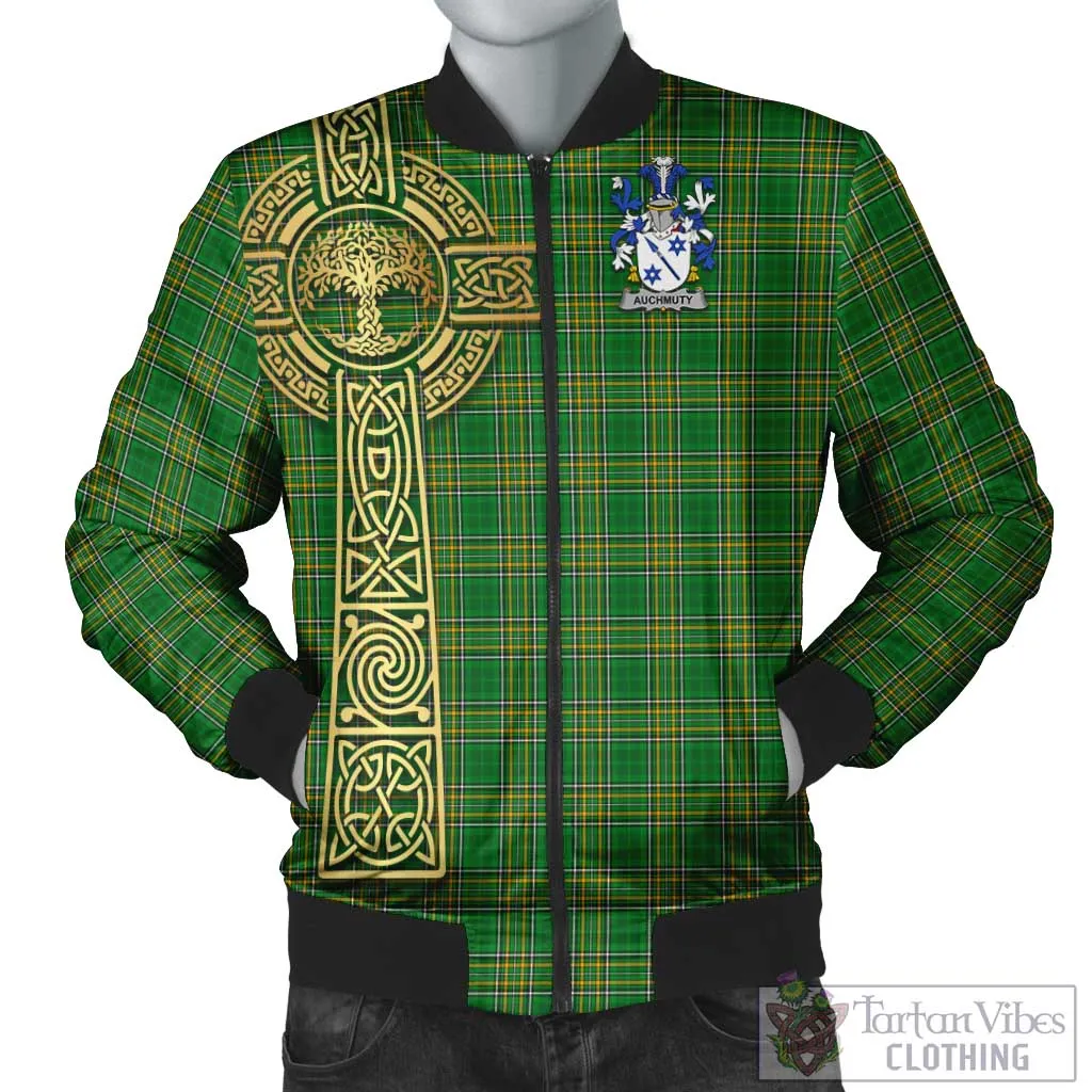 Auchmuty Irish Clan Tartan Bomber Jacket with Coat of Arms Celtic Tree of Life Style