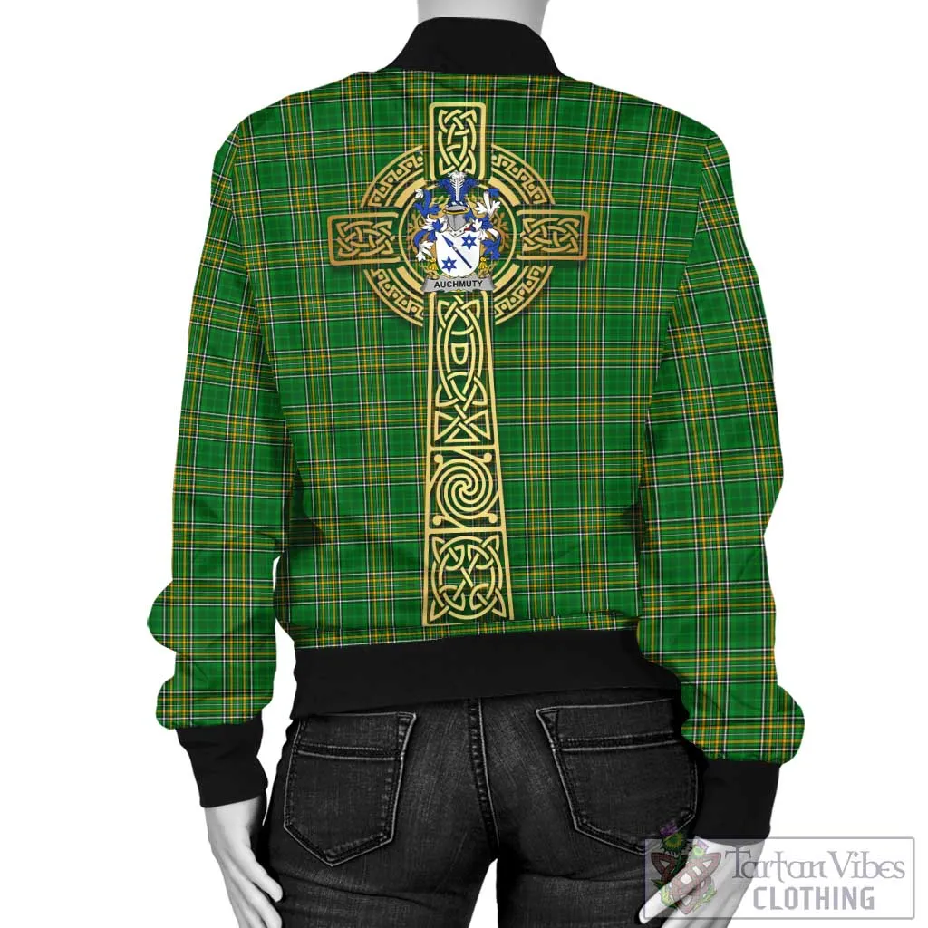 Auchmuty Irish Clan Tartan Bomber Jacket with Coat of Arms Celtic Tree of Life Style