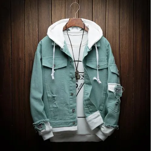 Autumn New Hooded Denim Jacket Men Fashion Fake Two Pieces Of Streetwear Bomber Jacket And Coat Man Cowboy Clothes Male  A9147