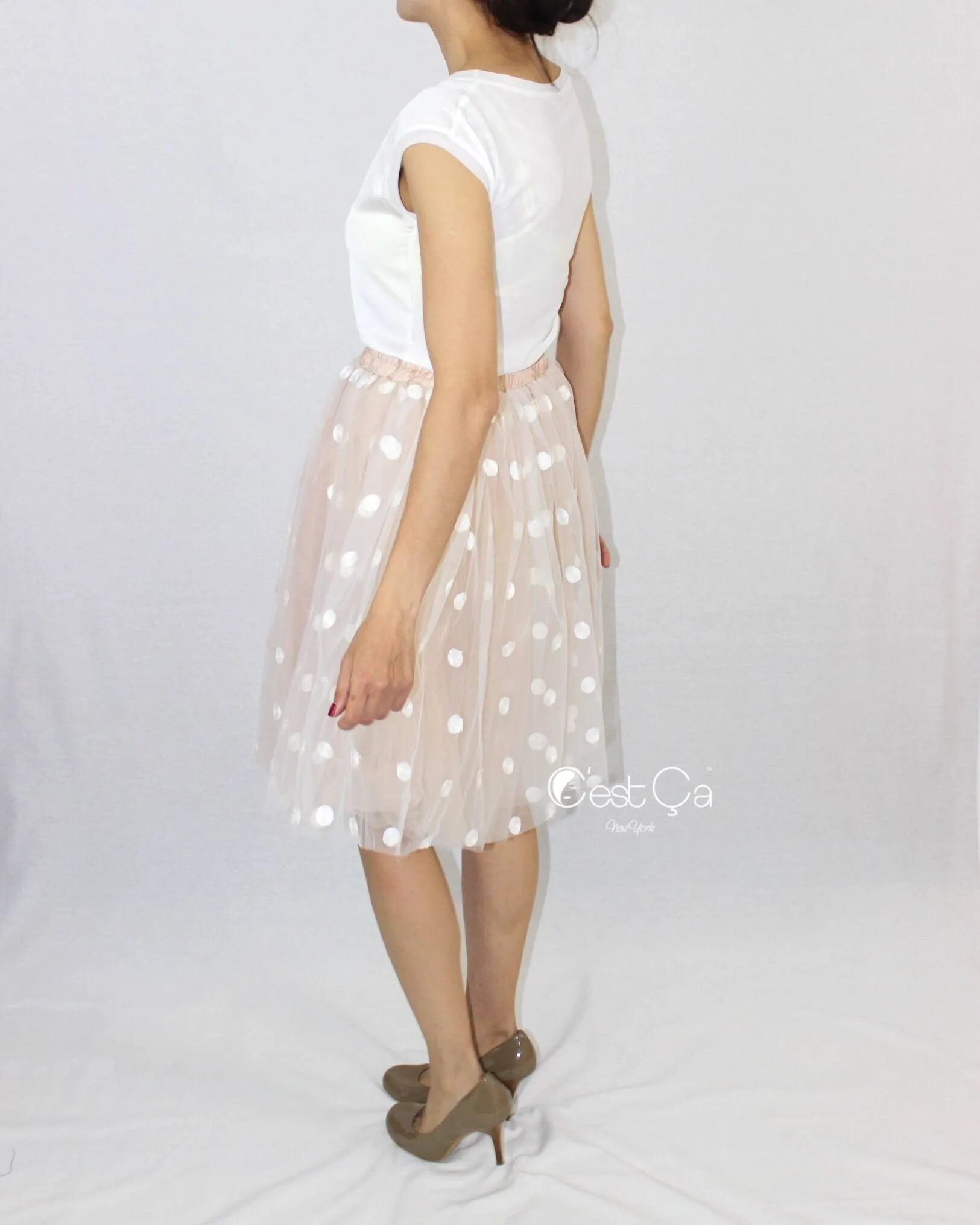 Babette Beige Polka Dot Tulle Skirt - Midi