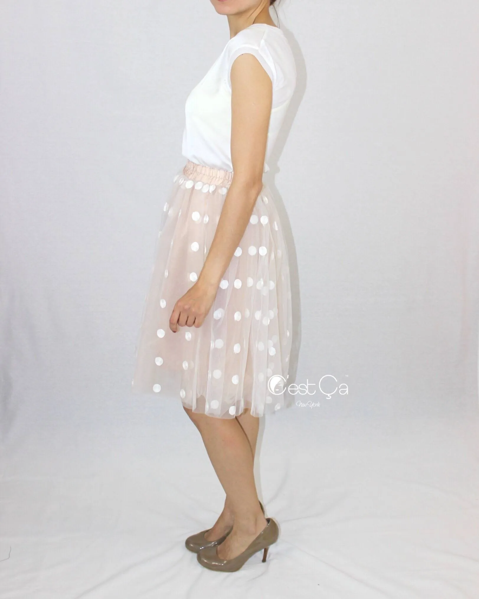 Babette Beige Polka Dot Tulle Skirt - Midi