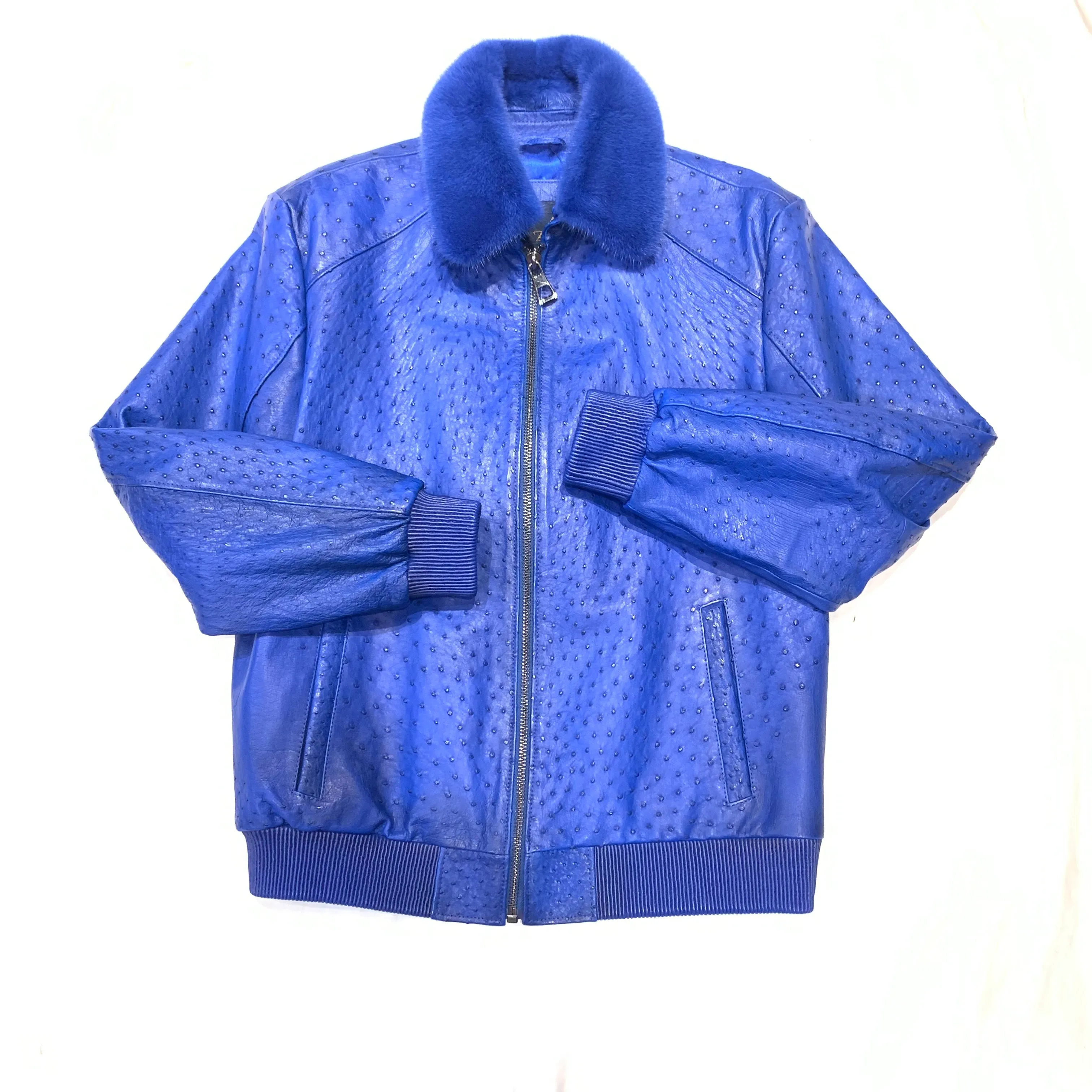 Barya NewYork Royal Blue Full Ostrich Quill/Mink Collar Bomber Jacket