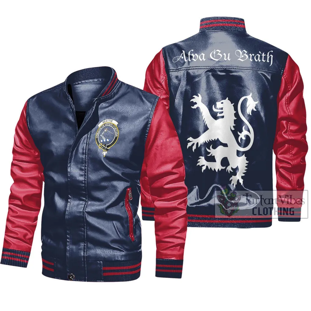 Beattie (Beatty) Family Crest Leather Bomber Jacket Lion Rampant Alba Gu Brath Style