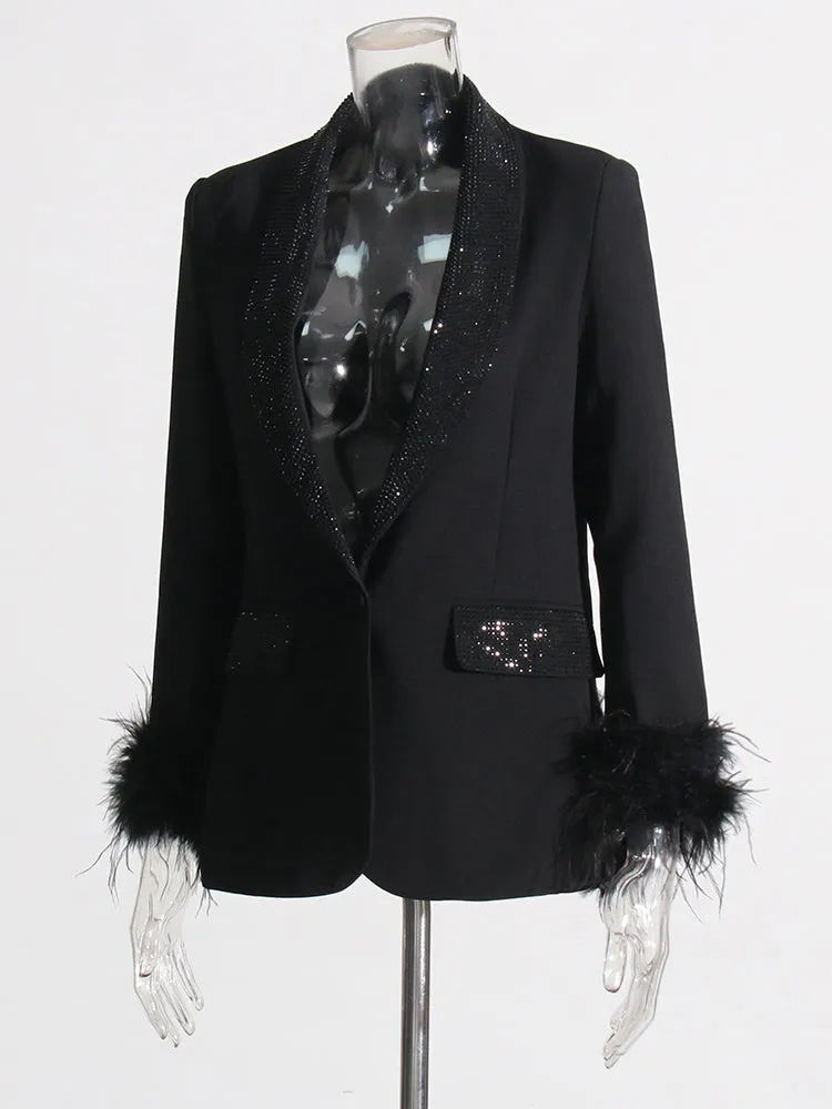 Beautiful Black Feather Cuff Crystal Bejeweled Blazer Jacket