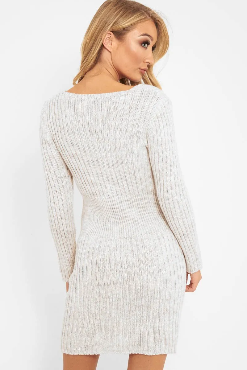 Beige Knit Plunge Button Front Jumper Dress - Cariah