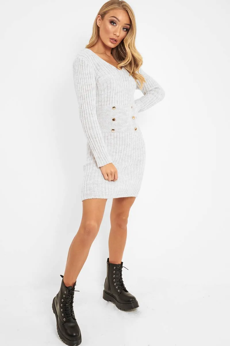 Beige Knit Plunge Button Front Jumper Dress - Cariah