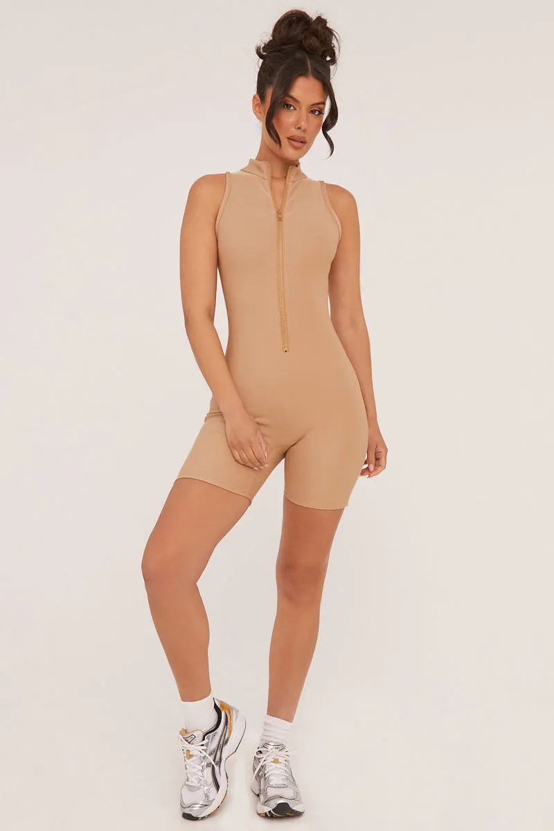 Beige Zip Front Rib Knit Unitard - Nena