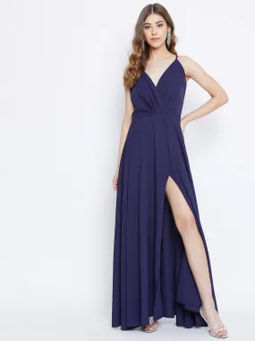 Berrylush Women Solid Navy Blue V-Neck Thigh-High Slit Fit & Flare Maxi Dress